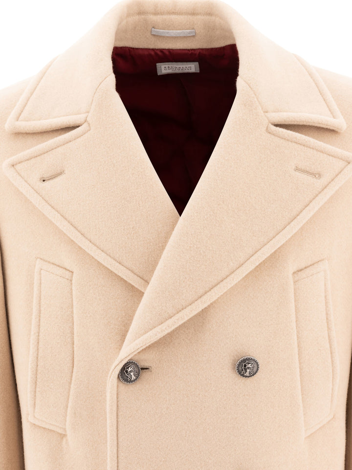 Camel Double-Breasted Wool Coats Beige