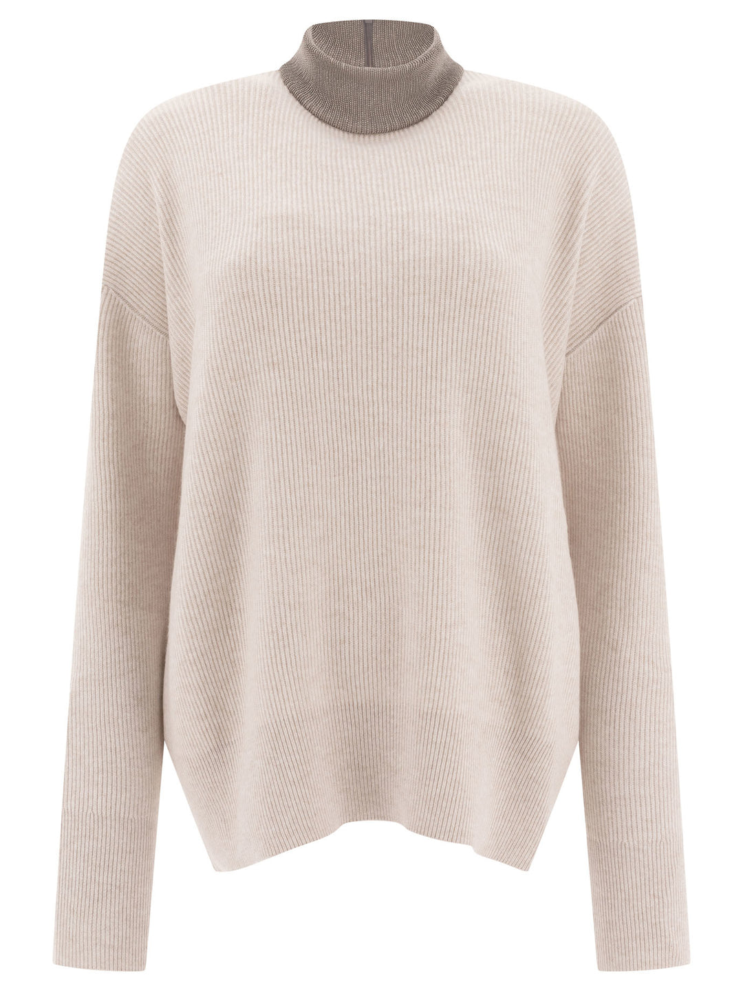 Cashmere Sweater With Precious Ribbed Collar Knitwear Beige