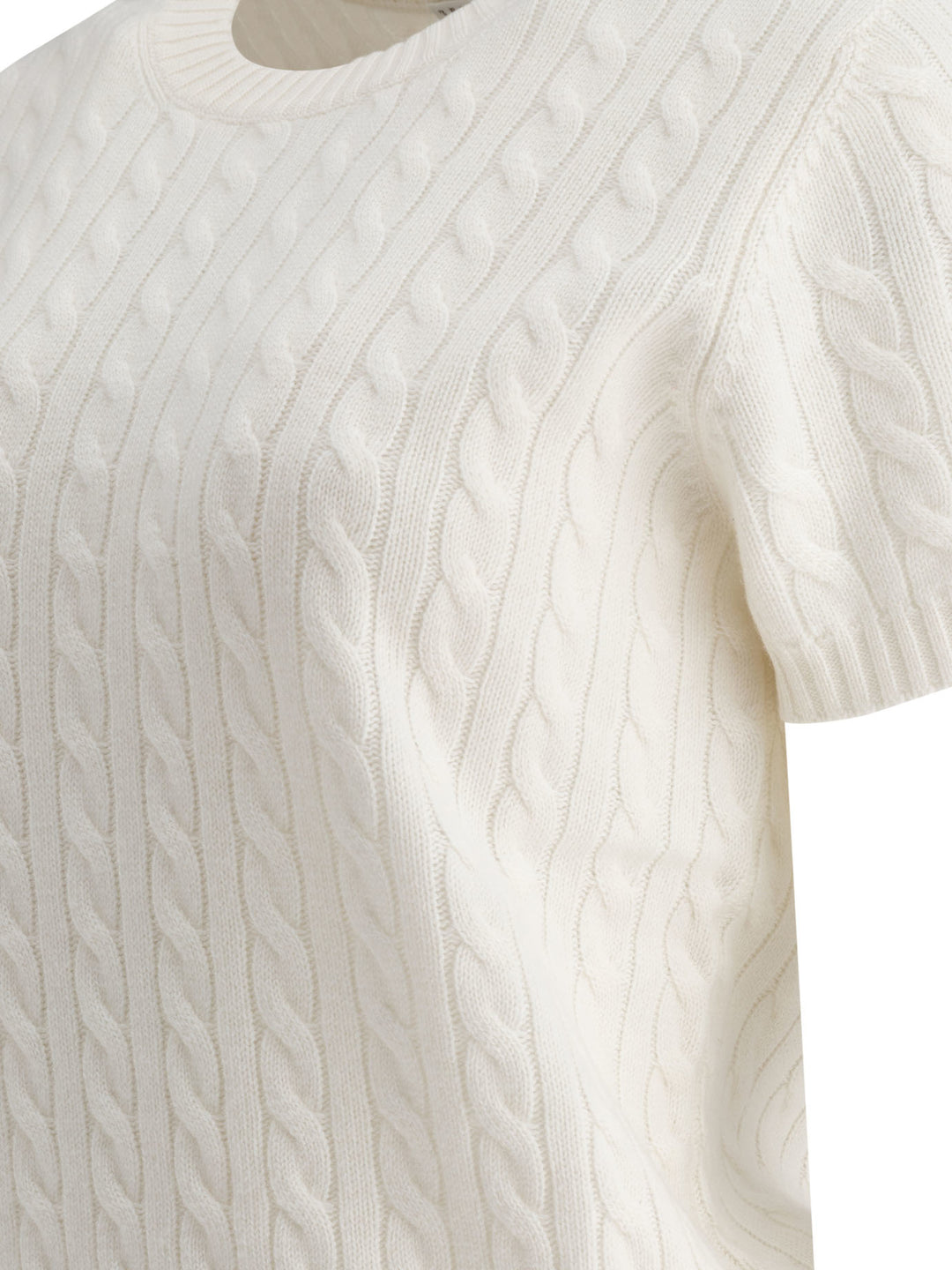 Cashmere Cable Knit Short Sleeve Sweater Knitwear White