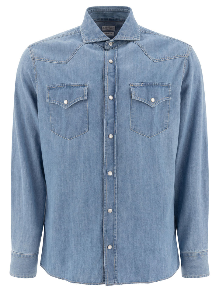 Western-Style Denim Shirt Shirts Light Blue