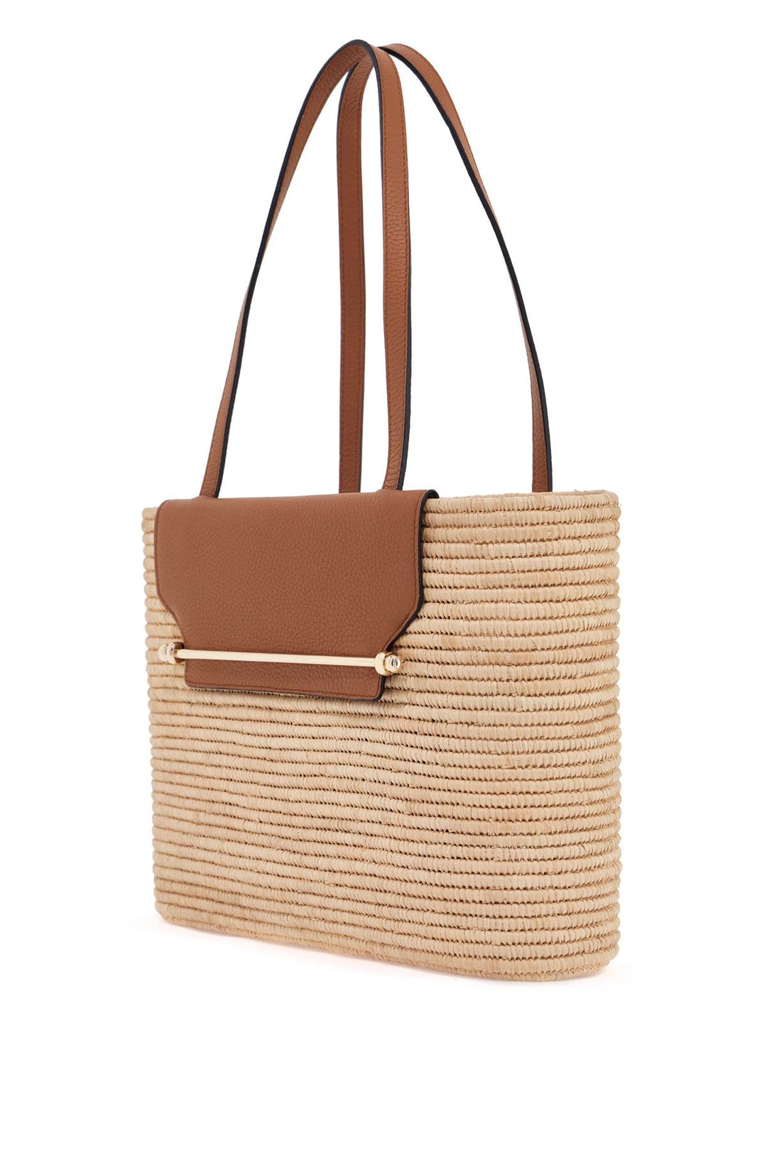 Medium Basket Bag In Natural Raffia With Leather Details And Metal Closure