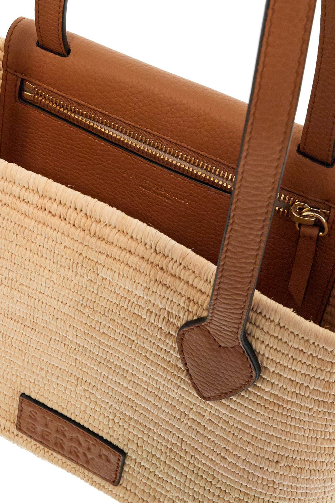 Beige Woven Raffia Bag With Leather Details