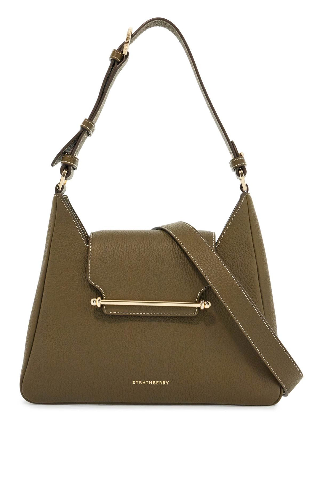 Khaki Leather Hobo Bag With Adjustable Strap