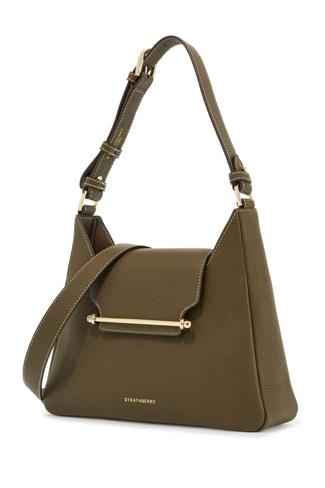 Khaki Leather Hobo Bag With Adjustable Strap