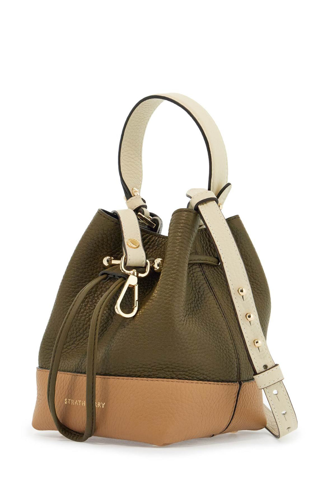 Khaki And Caramel Calf Leather Bag With Drawstring Closure And Golden Finishes