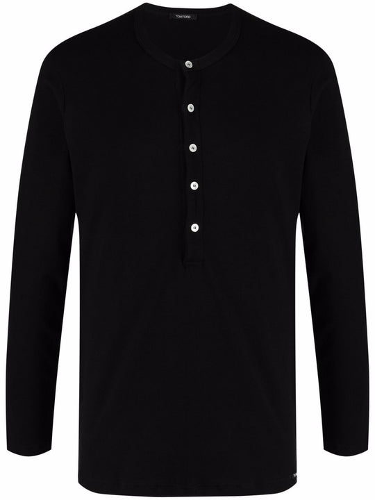 Henley-Neck Long-Sleeved Jersey T-Shirt