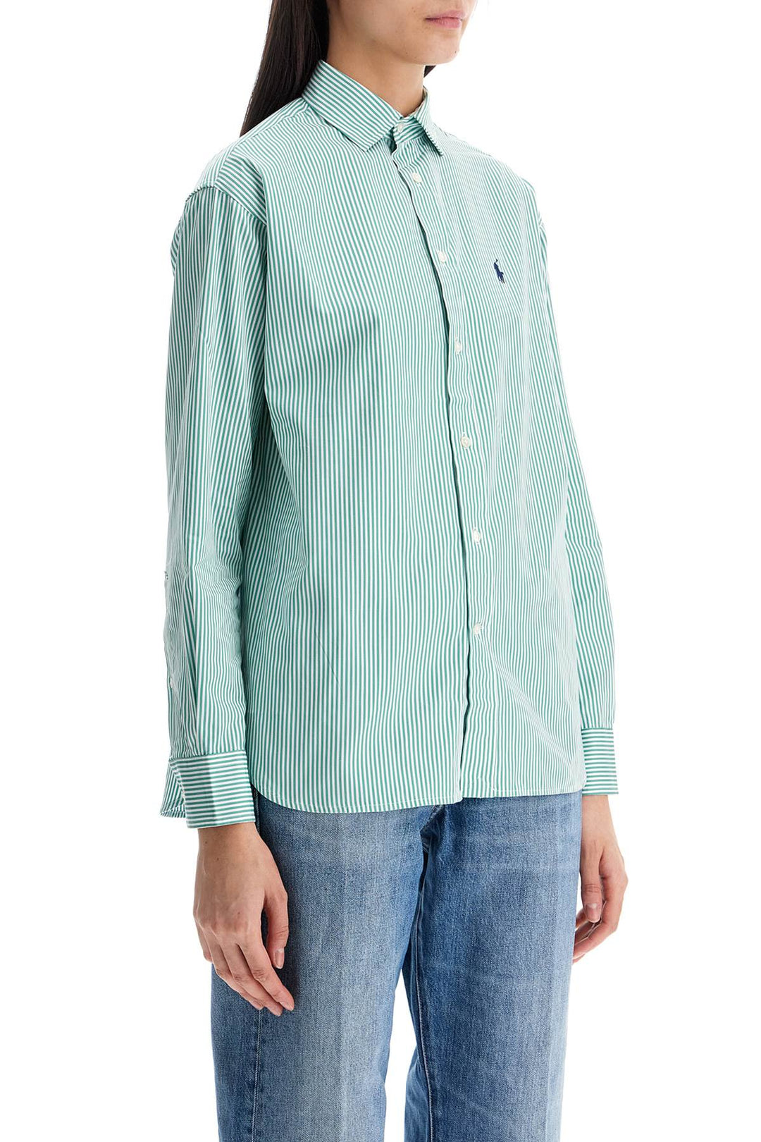 Women's Slim Fit Green And White Striped Shirt