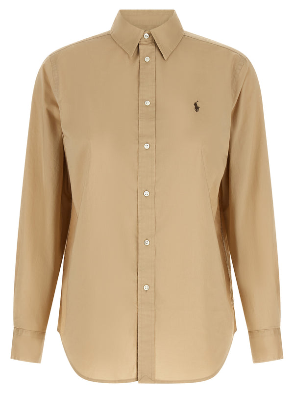 Logo Embroidery Cotton Shirt Shirt And Blouse Beige