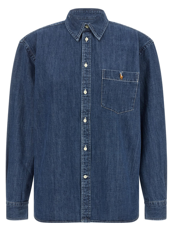 Denim Shirt With Logo Embroidery Shirt And Blouse Blue