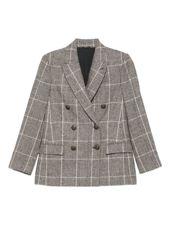 Alpaca And Wool Prince Of Wales Double-Breasted Blazer With Monili