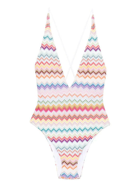 V-Neck One-Piece Swimsuit In LamÉ Viscose With Pixel-Effect Zigzag Pattern