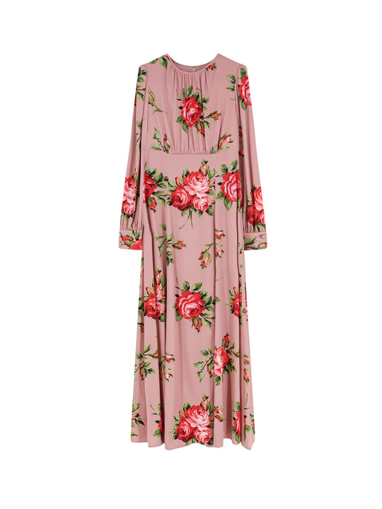 Long Silk Dress With Bouquet Rose Print