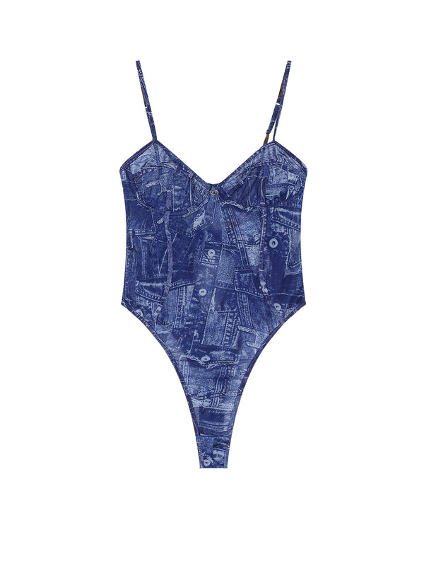 Bridget Nylon Bodysuit With Denim Print