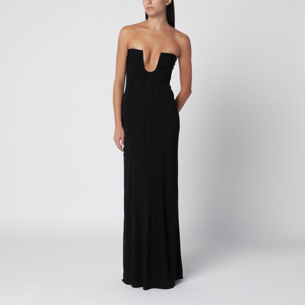 Arced Palm Black Viscose Strapless Dress