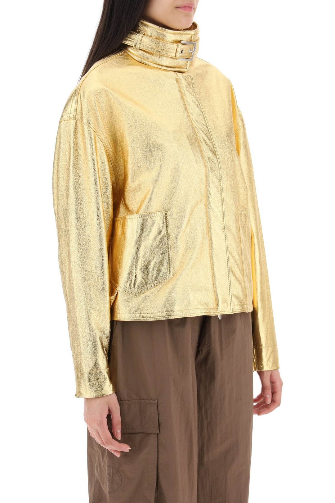 'Houston' Gold Laminated Leather Bomber Jacket