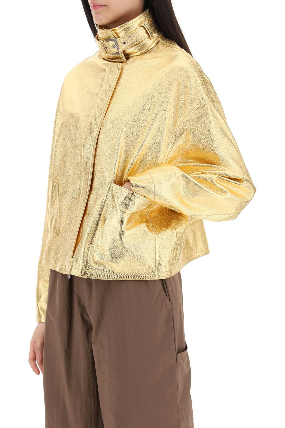 'Houston' Gold Laminated Leather Bomber Jacket