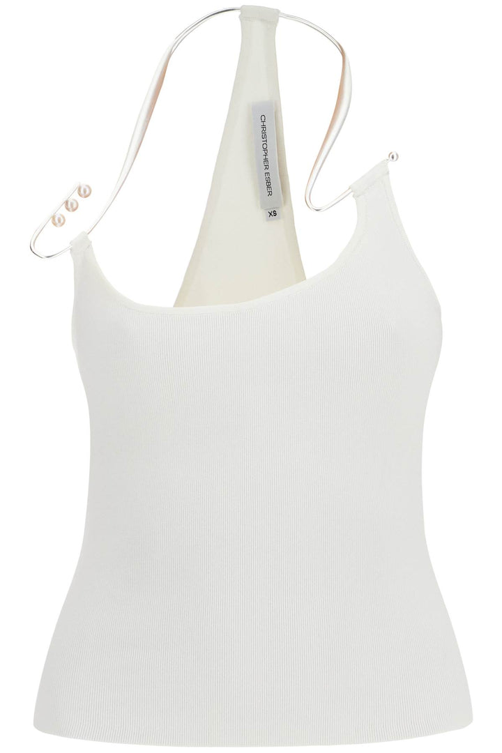 White Viscose Top With Pearl And V Neck