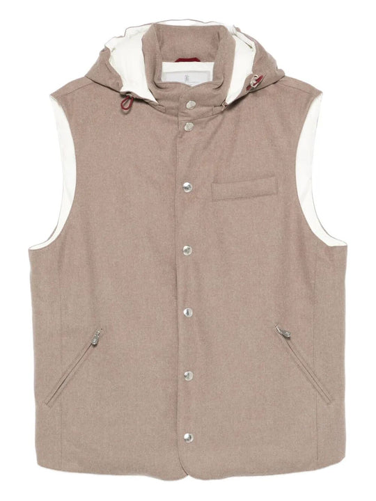Bonded Wool Flannel Down Vest With Detachable Hood