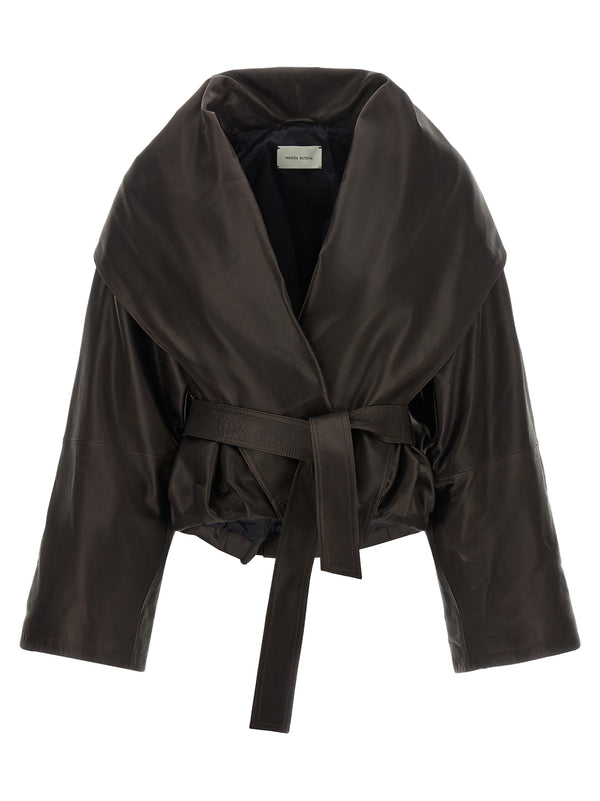 Shawl Collar Leather Jacket Puffer Jackets Brown