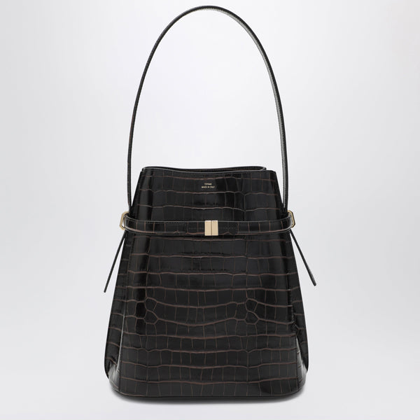 Brown Crocodile-Embossed Leather Bucket Bag