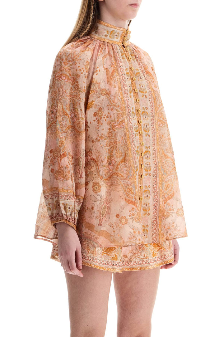 Cream And Pink High Neck Paisley Blouse In Rayon With Long Sleeves