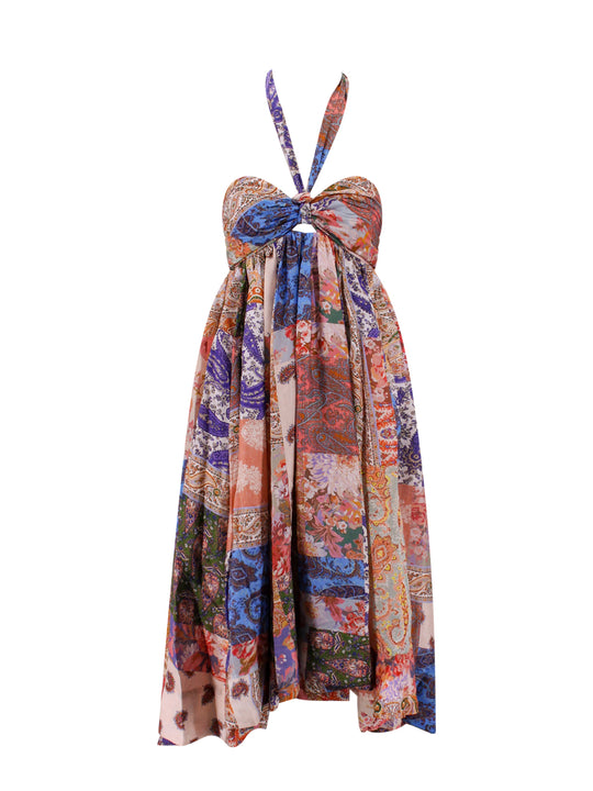 Silk Dress With Patch Paisley Print