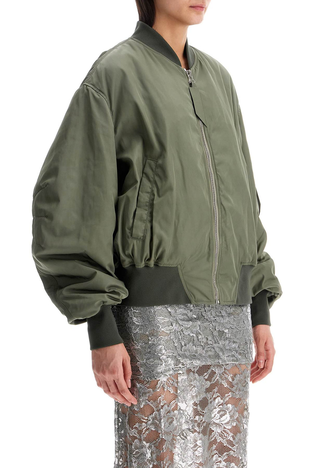 Oversized Bomber Jacket With Puff Sleeves Military Green