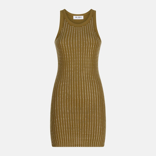 Military Green Mini Dress With Rhinestones