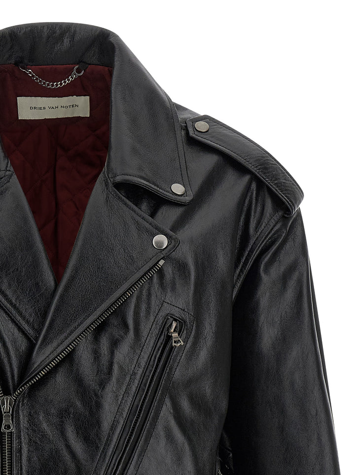 Dries Van Noten  Leather Biker Jacket Puffer Jackets - Black | c813130ea49cecc65f1f78ef8c7060819462dd17