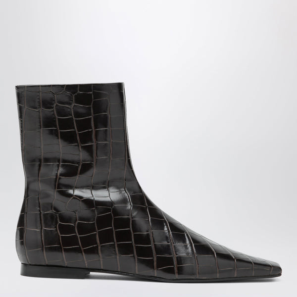 Brown Crocodile-Effect Leather Chelsea Boots With Zip