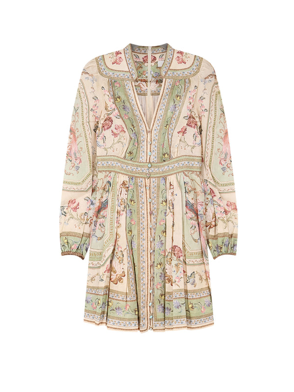 Roselight Plunge Tapestry Print Linen Dress