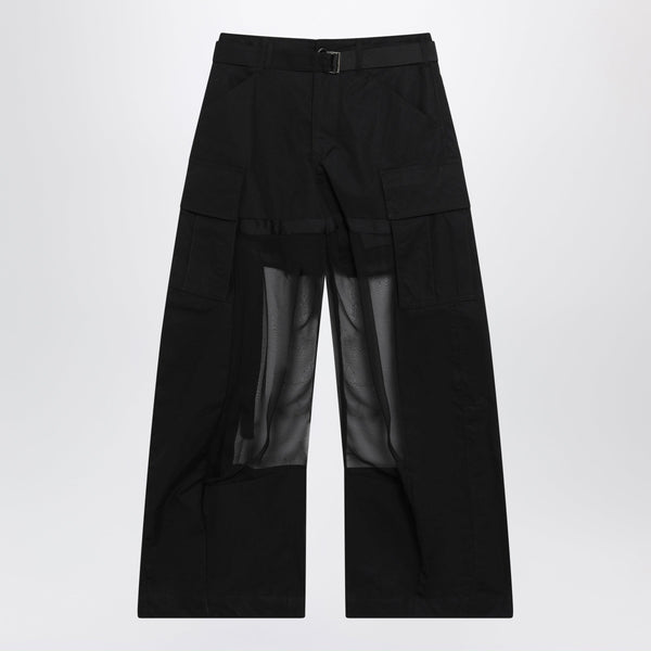 Black Cargo Trousers With Semi-Sheer Insert