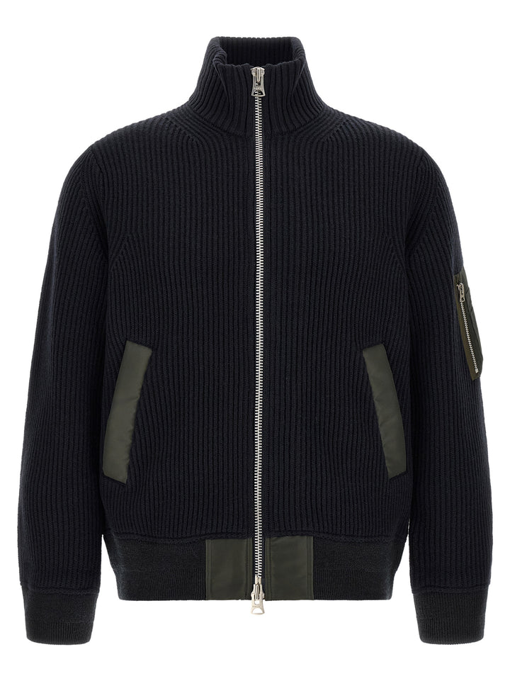 Sacai Ribbed Knit Blouson Puffer Jackets - Blue | bea32a7276be431fd5197be44c812183b0248c50