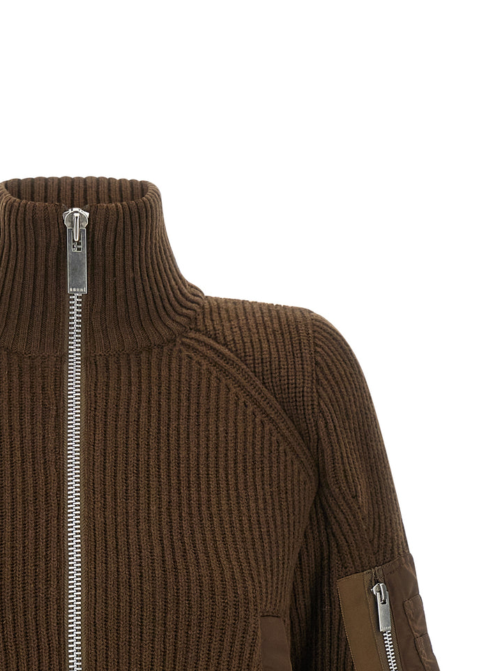 Sacai Nylon Twill X Wool Knit Puffer Jackets - Brown | 05167679e7e9ba2209d6c4430f3908248833feab