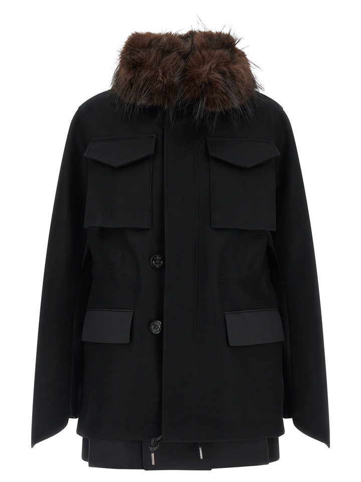 Sacai Wool Coat With Fur Insert Puffer Jackets - Black | c5a842a7a6f720ee0e68d1c466303e4c5f66871b