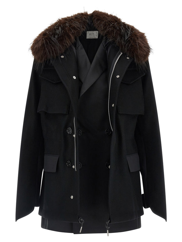 Sacai Wool Coat With Fur Insert Puffer Jackets - Black | e912d3312f3519eafd49c72a802f6b22102f4f29