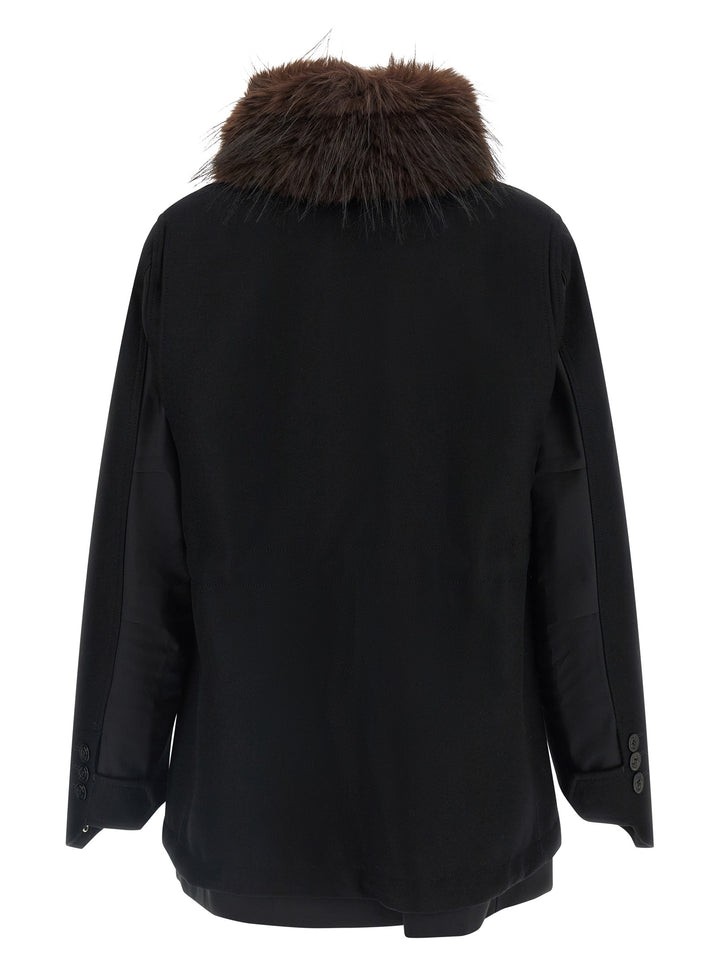 Sacai Wool Coat With Fur Insert Puffer Jackets - Black | d0eb7f58e272e312ea89b103140e114e32d98c34