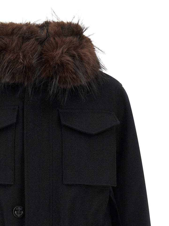 Sacai Wool Coat With Fur Insert Puffer Jackets - Black | da6feb8e471a32dd972da8d9f6c06b4b600b5b60