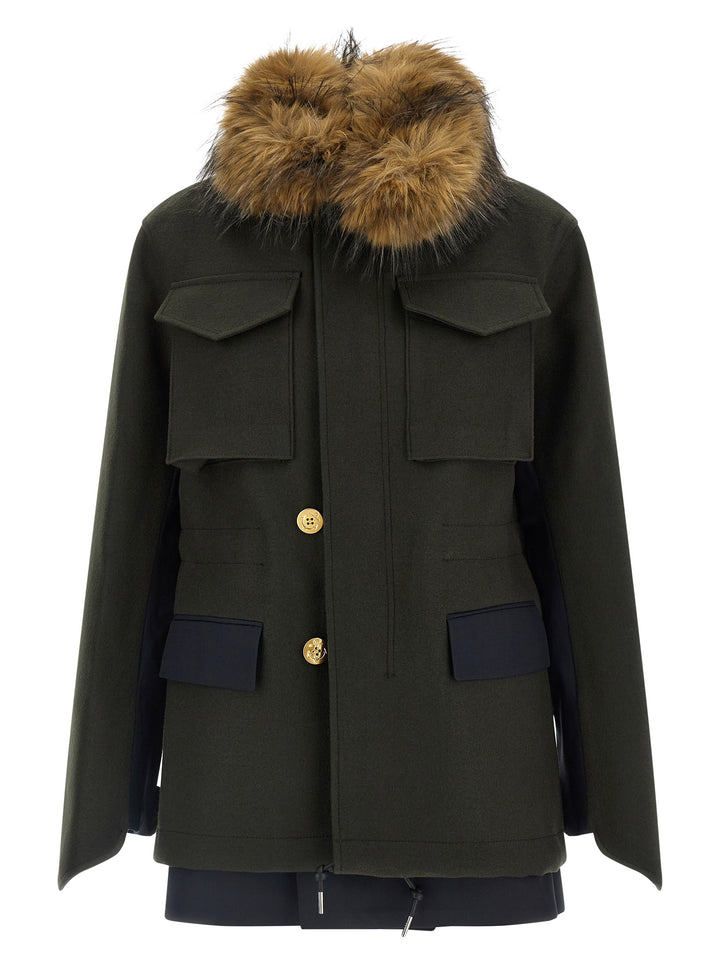 Sacai Wool Coat With Fur Insert Puffer Jackets - Green | 2cb74a469f0c6f8ebc5a5c5990dc29483e49b95a