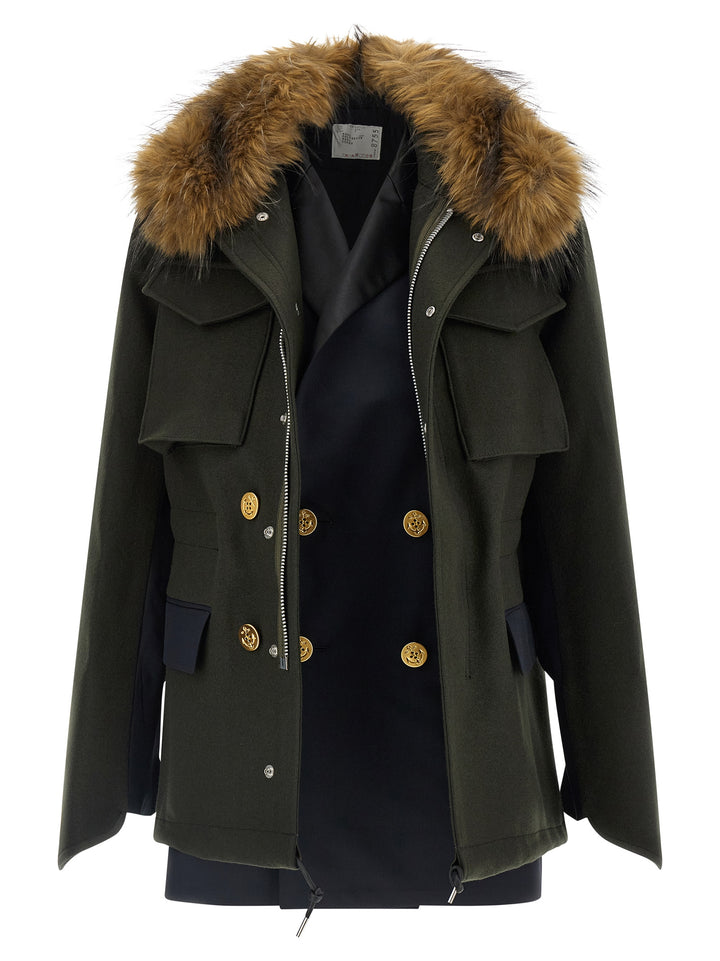 Sacai Wool Coat With Fur Insert Puffer Jackets - Green | 2fe17258a5b31c69ad8cf809835e6fca17aab609
