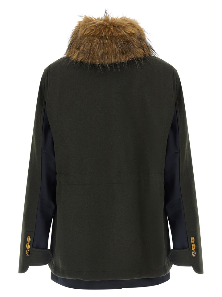 Sacai Wool Coat With Fur Insert Puffer Jackets - Green | ed93698834eceb97ae5b067fde9a1fe6b31b9d8e