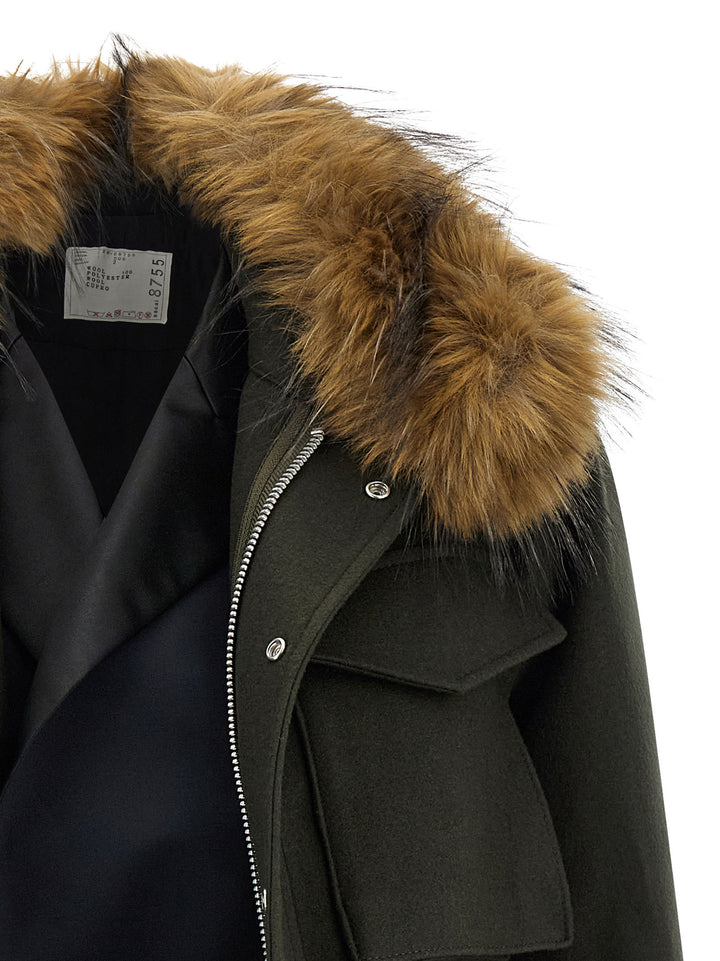 Sacai Wool Coat With Fur Insert Puffer Jackets - Green | c1a65748d494d6cb91c9df268201ae7987566a44