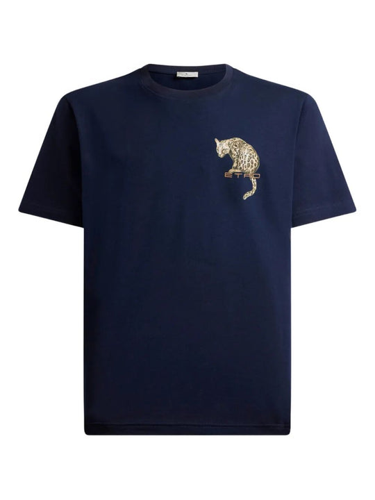 Cotton T-Shirt With Leopard Print And Etro Embroidery
