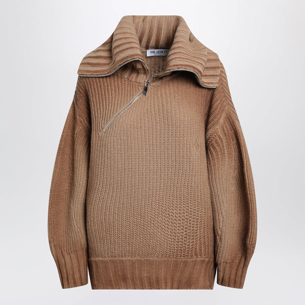 Camel Wool And Cashmere Sweater With Asymmetric Zip