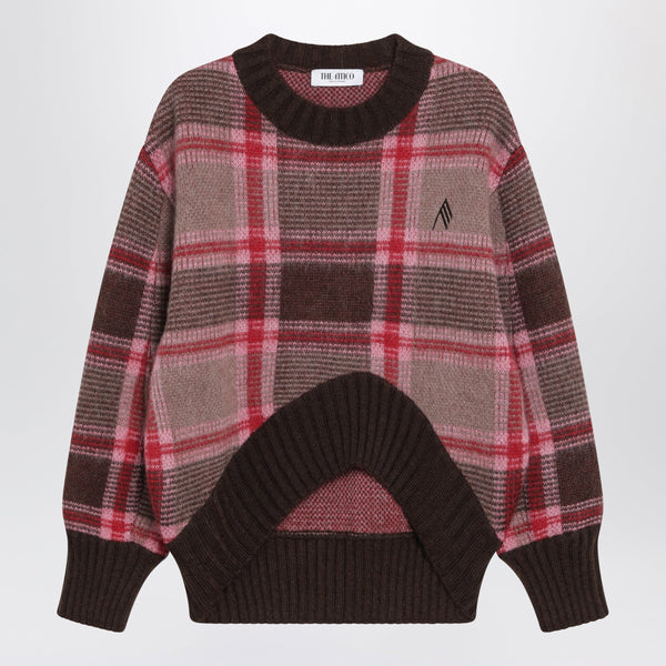 Mohair-Blend Sweater In Coffee/Pink Check Pattern