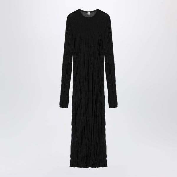 Crinkled Knit Maxi Dress With Long Sleeves In Black
