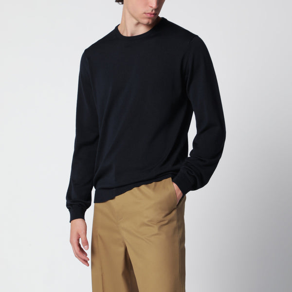 Navy Blue Wool Crew-Neck Knit Sweater