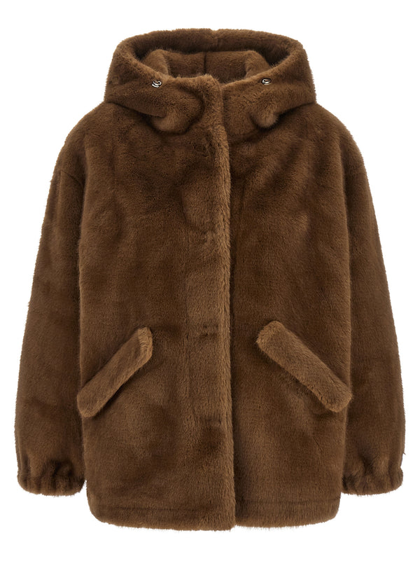 Eco-Fur Hooded Jacket Puffer Jackets Brown