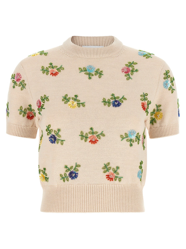 Sweater With Beads Embroidery Tops Beige