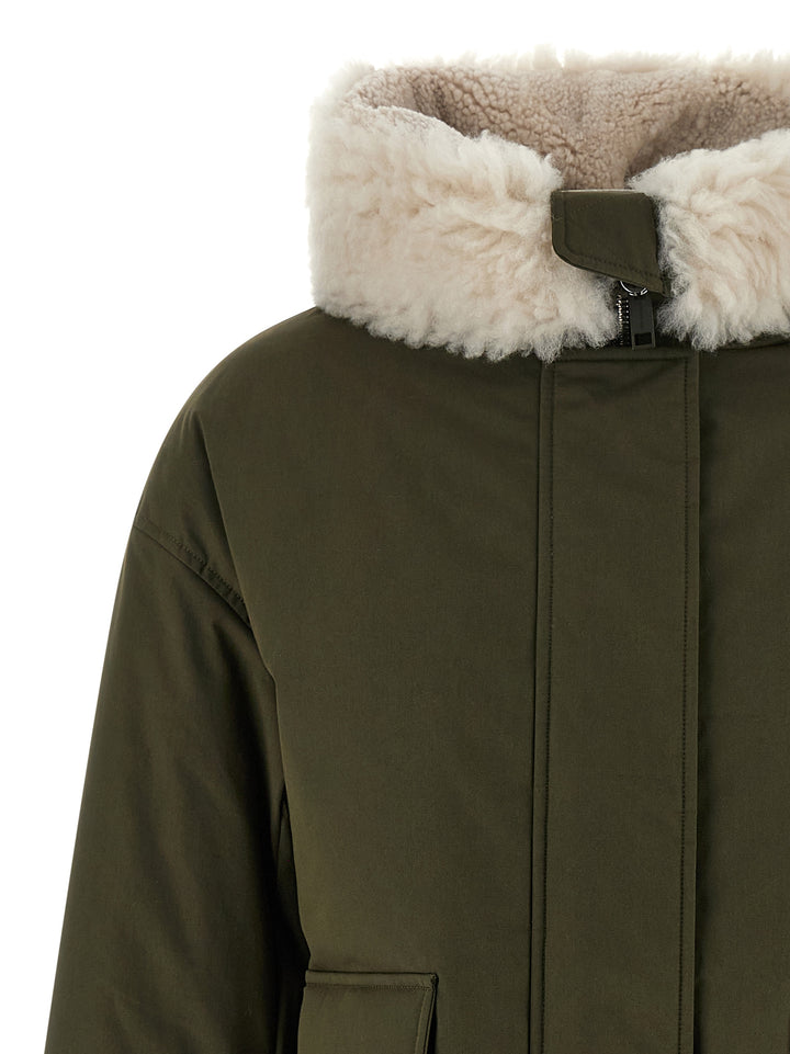 Army Yves Salomon Merino Shearling Hooded Parka Puffer Jackets - Green | a344422b01326e512cff358a0724c70e51491df1